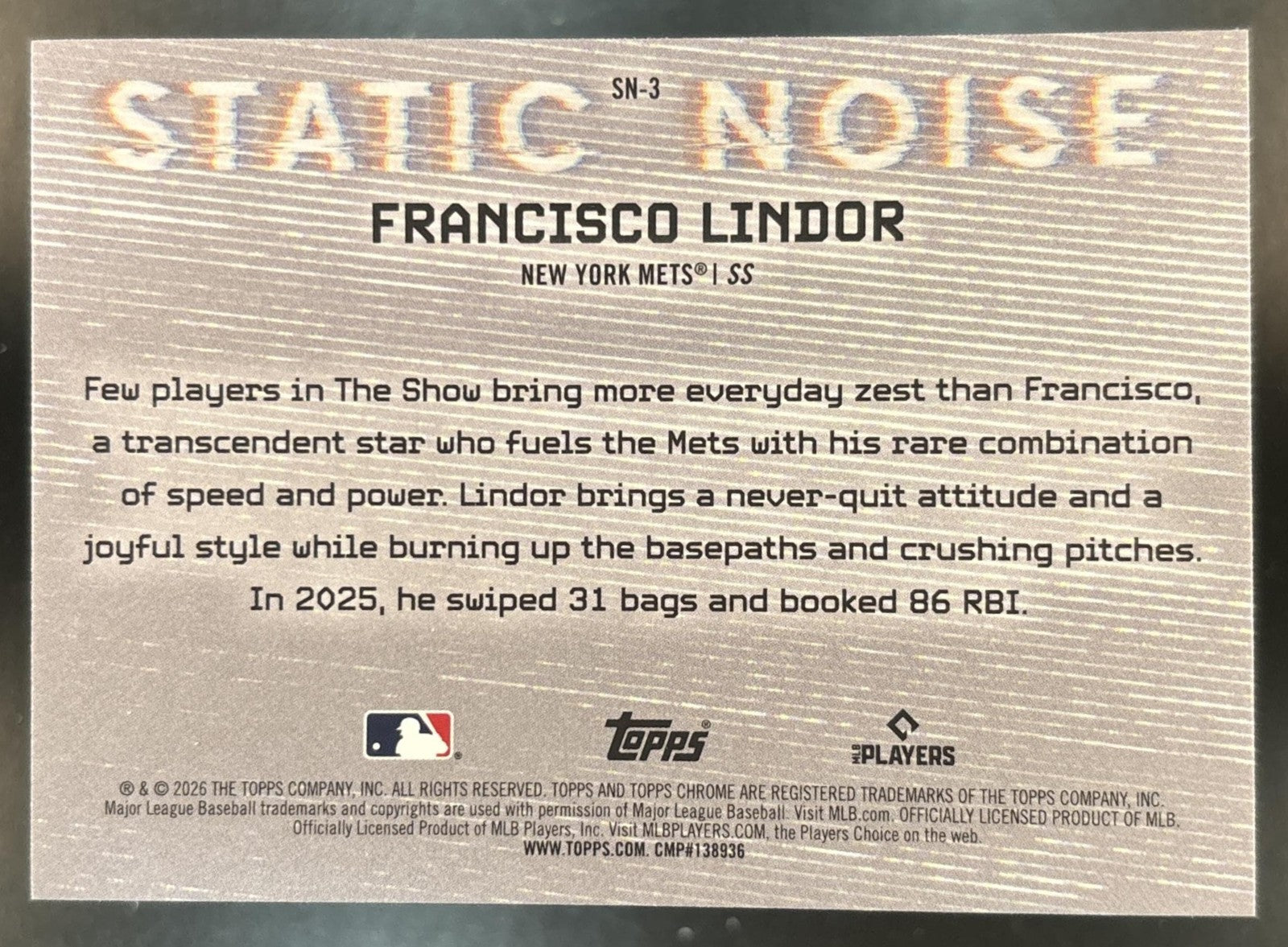 2026 Topps Chrome Francisco Lindor Static Noise #SN-3 SSP New York Mets