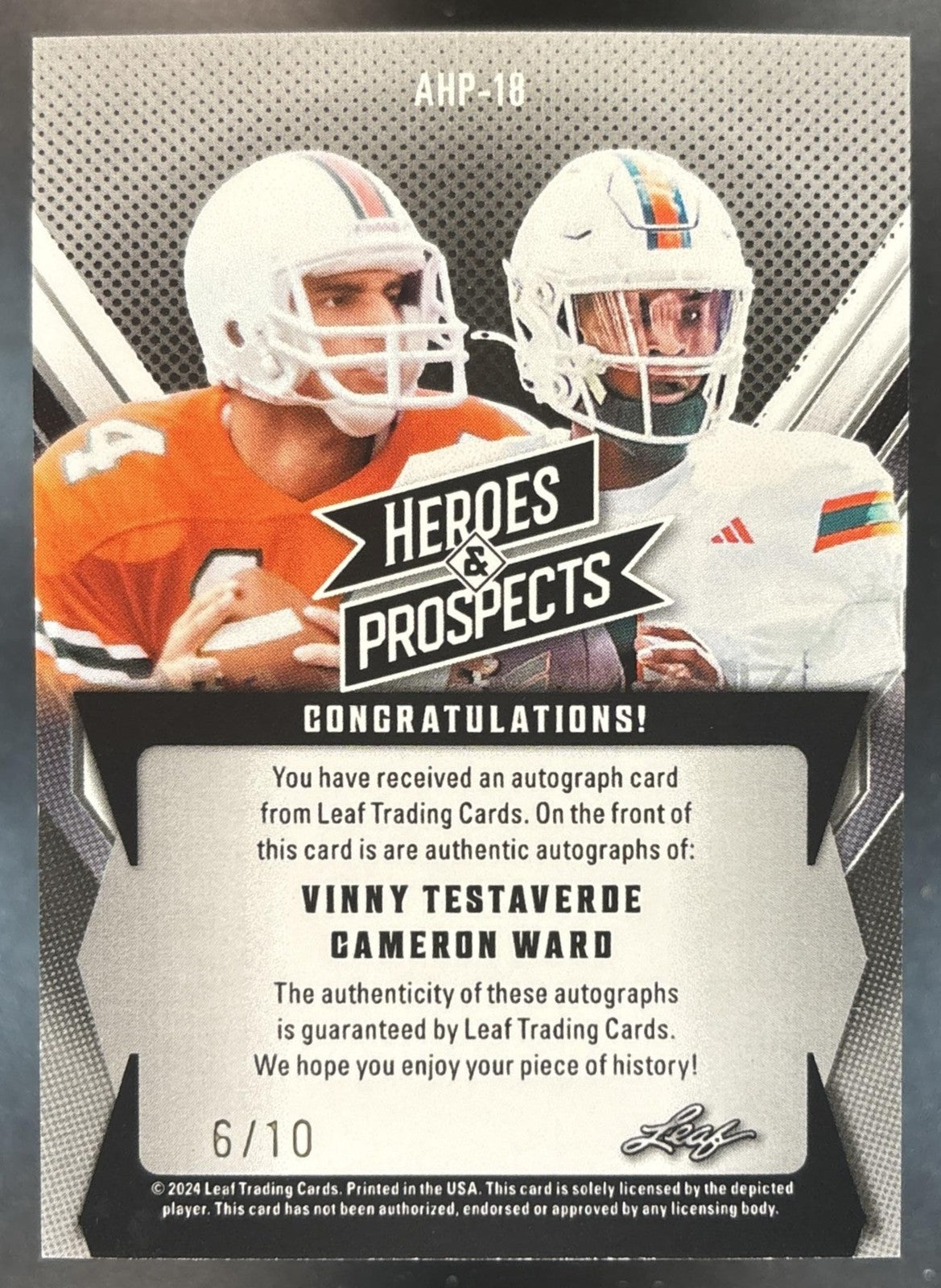 2024 Leaf Heroes & Prospects Vinny Testaverde Cameron Ward Auto Heros #AHP-18