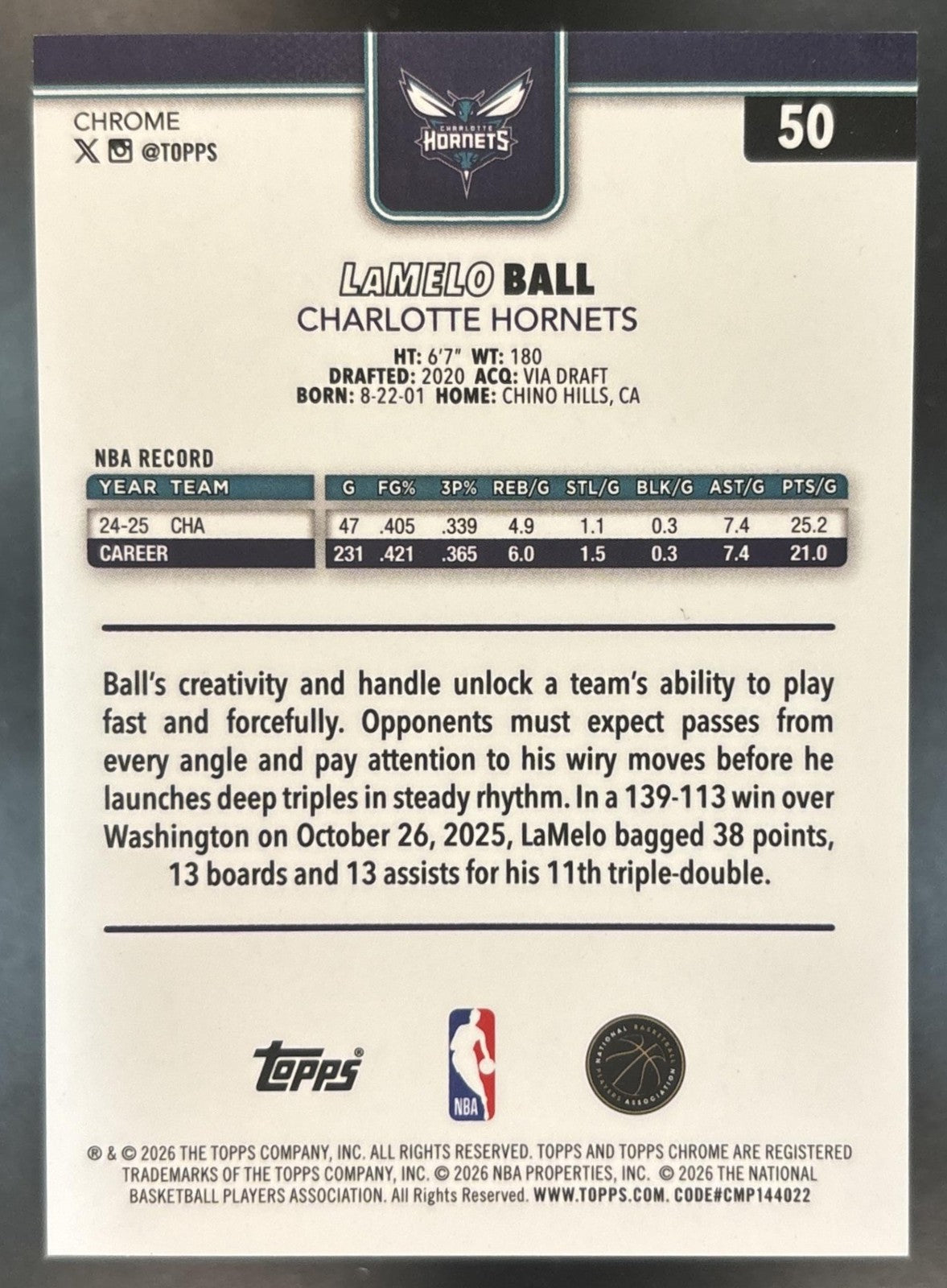 2025-26 Topps Chrome Update LaMelo Ball Gold Basketball /50 #50 Hornets