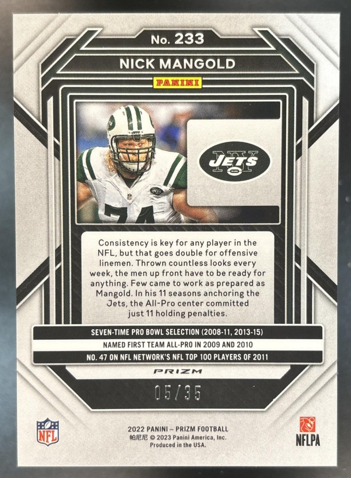 2022 Panini Prizm Nick Mangold No Huddle Purple /35 #233 New York Jets
