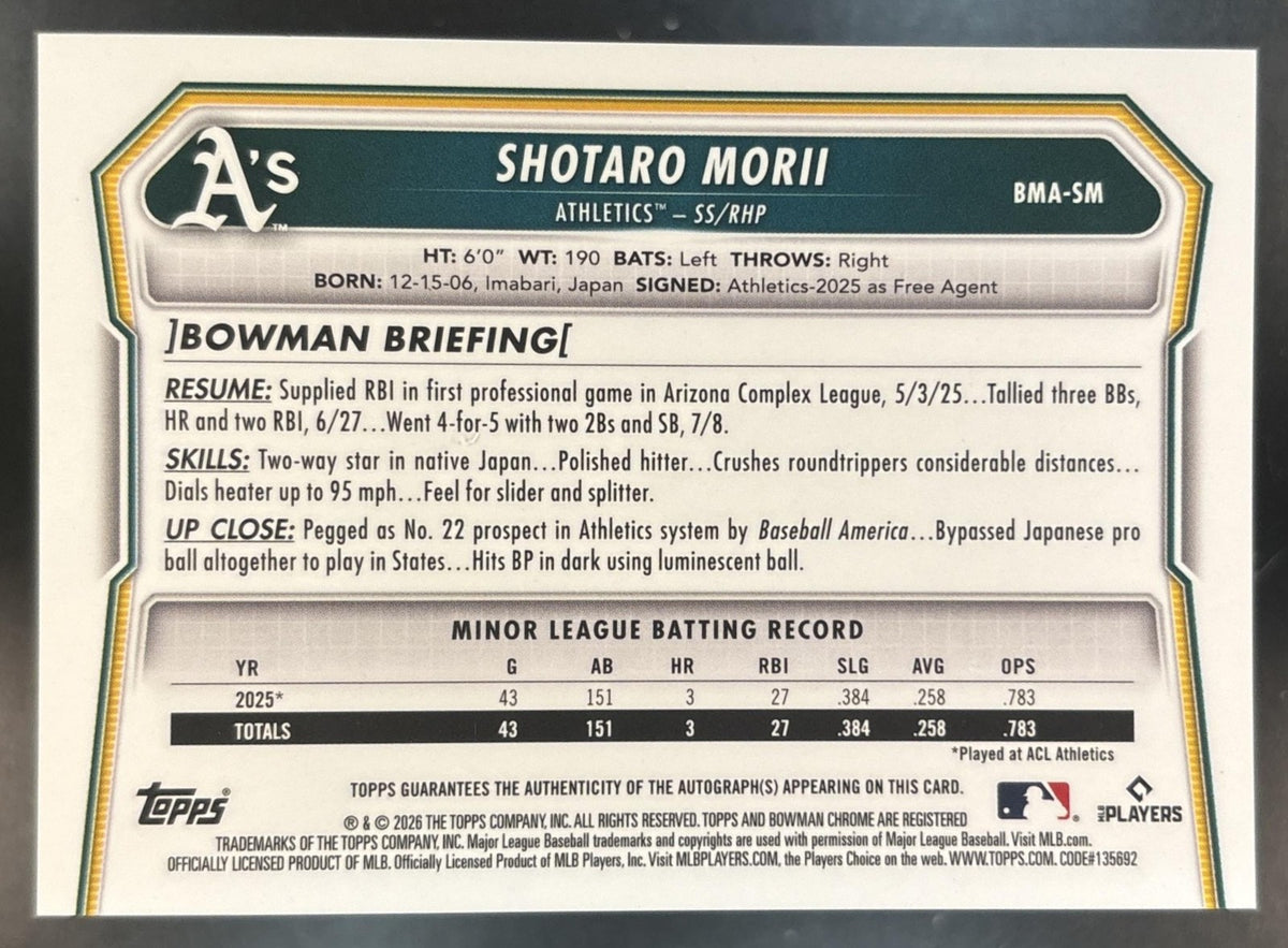 2026 Bowman Mega Box Shotaro Morii Chrome Prospect Auto Purple Mojo /199