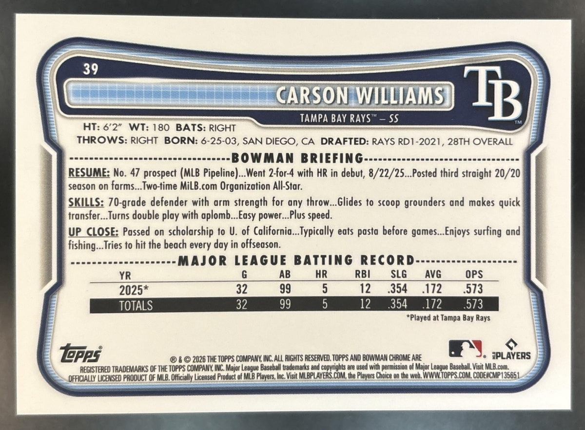 2026 Bowman Mega Box Carson Williams Chrome Gold Mojo /50 #39 RC Tampa Bay Rays