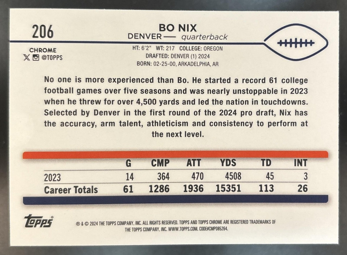 2024 Topps Chrome Bo Nix Blue Sonar Refractor /150 #206 RC Denver Broncos