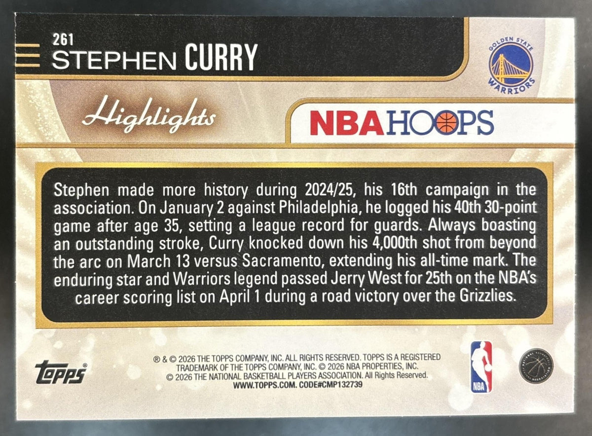 2025-26 Topps Hoops Stephen Curry Light Burst Purple /99 #261 Season Highlight