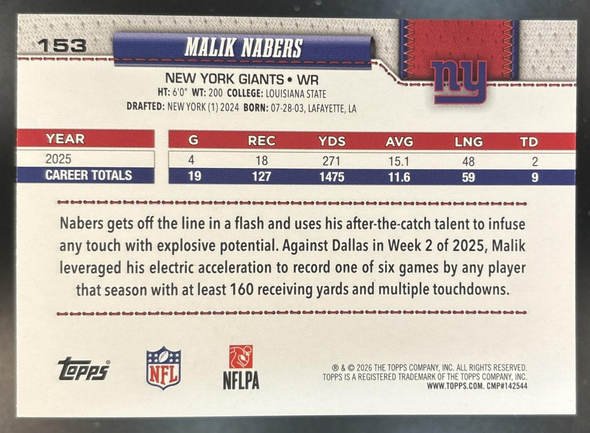 2026 Topps Malik Nabers Team Color Border Variation #153 New York Giants