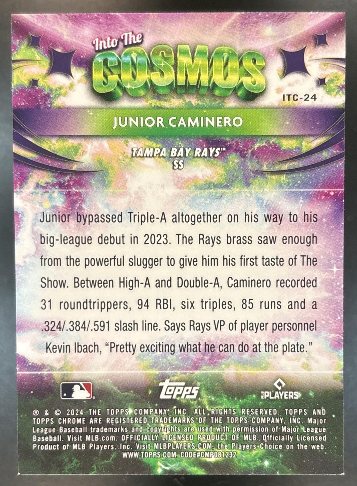 2024 Topps Cosmic Chrome Junior Caminero Into the Cosmo Gold Interstellar /50 RC