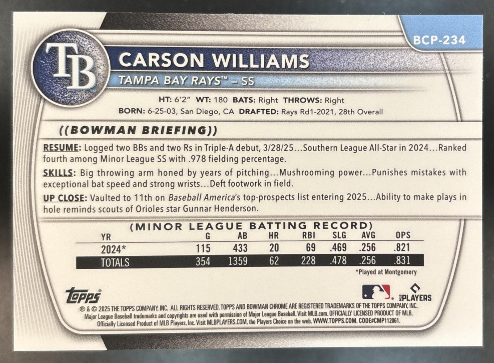2025 Bowman Chrome Carson Williams Prospects Peanuts Refractor #BCP-234 Rays