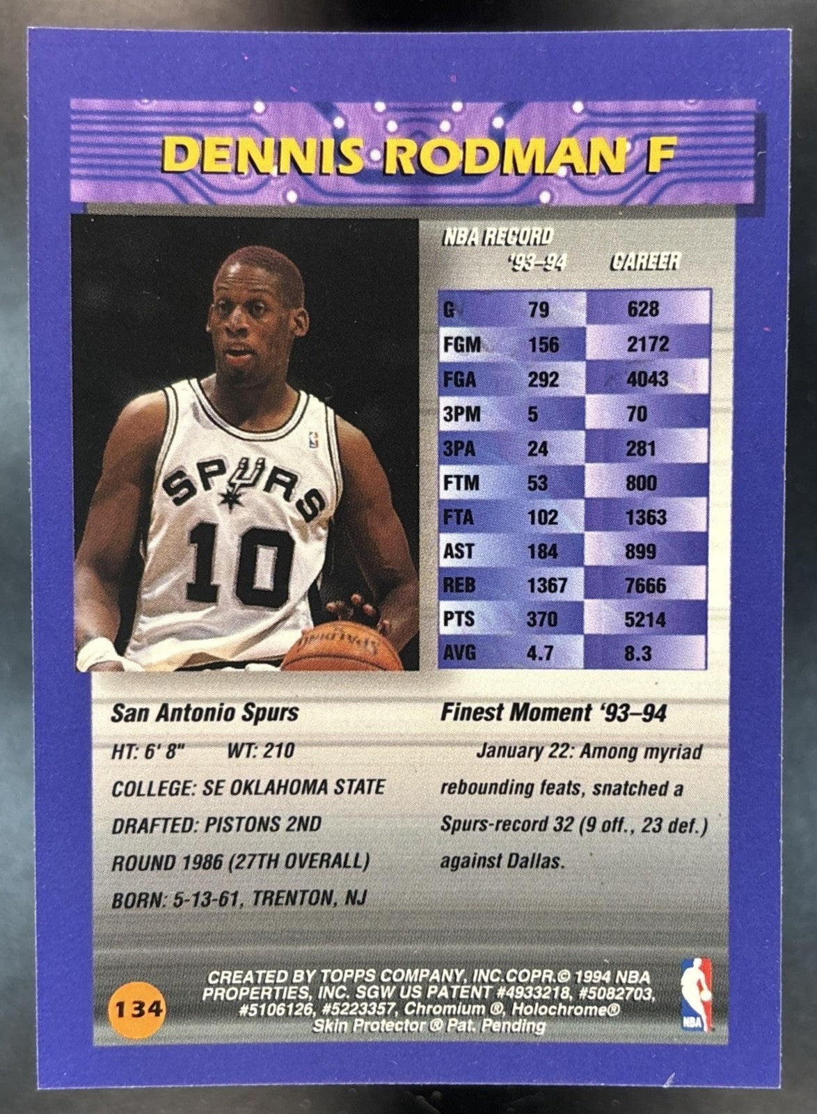 1994-95 Topps Finest Dennis Rodman Refractor #134 San Antonio Spurs