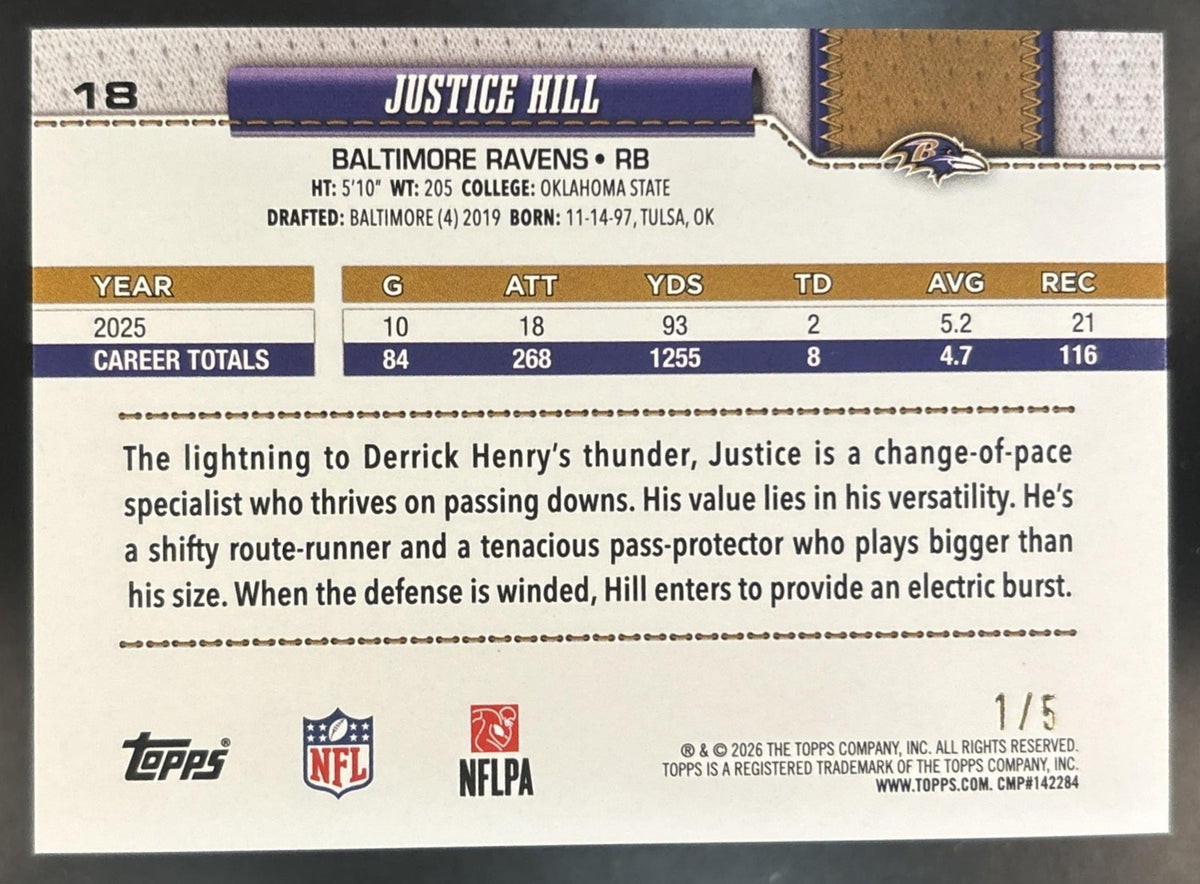 2026 Topps Justice Hill Red Diamante Foil 1/5 #18 Baltimore Ravens