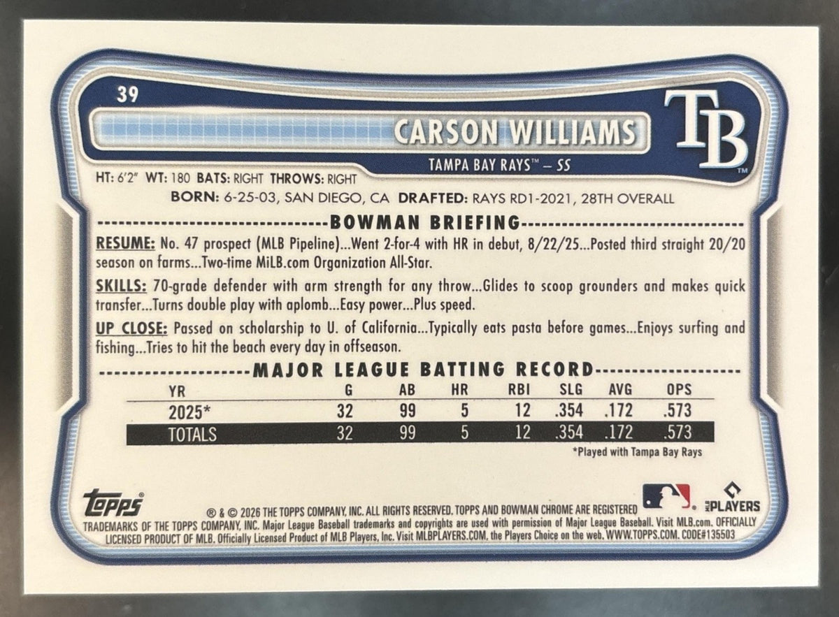 2026 Bowman Carson Williams Etched In Glass Variation #39 RC SSP Tampa Bay Rays