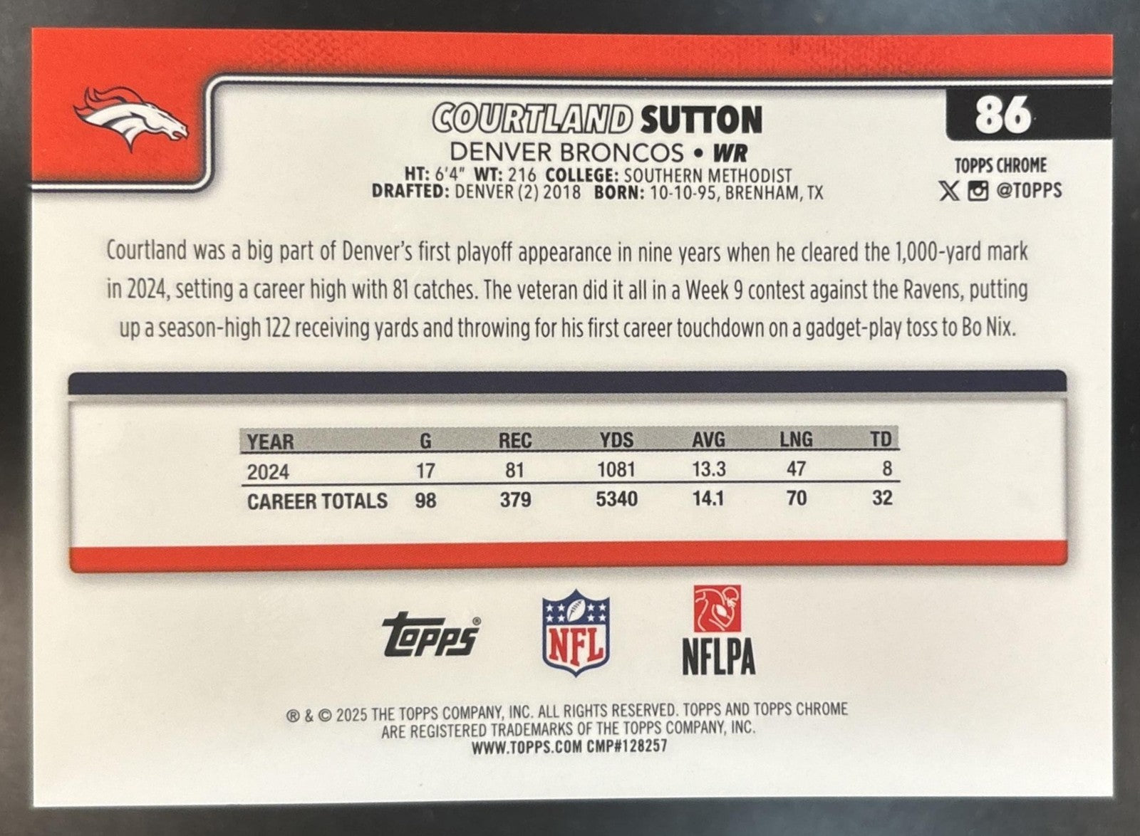 2025 Topps Chrome Courtland Sutton Football Leather Black 9/10 86 Denver Broncos