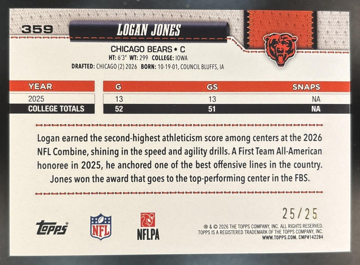 2026 Topps Logan Jones Orange Diamante Foil 25/25 #359 RC Chicago Bears