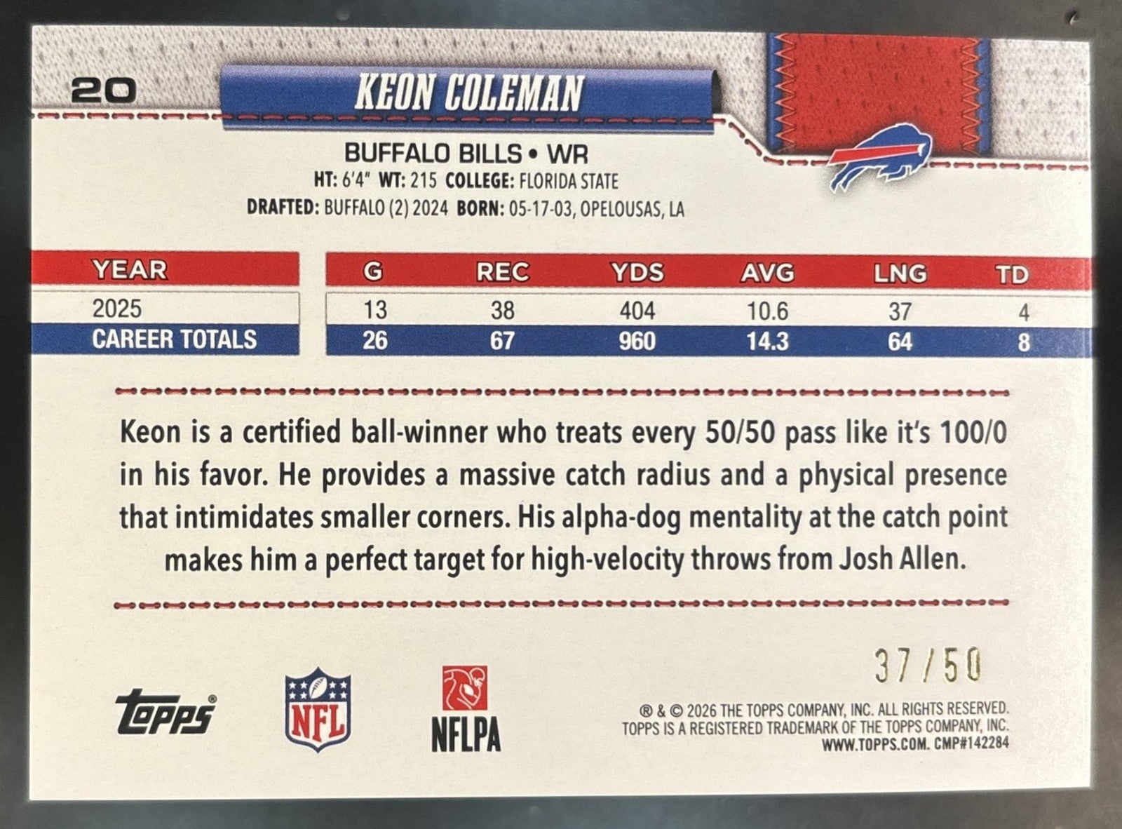 2026 Topps Keon Coleman Gold Diamante Foil /50 #20 Buffalo Bills