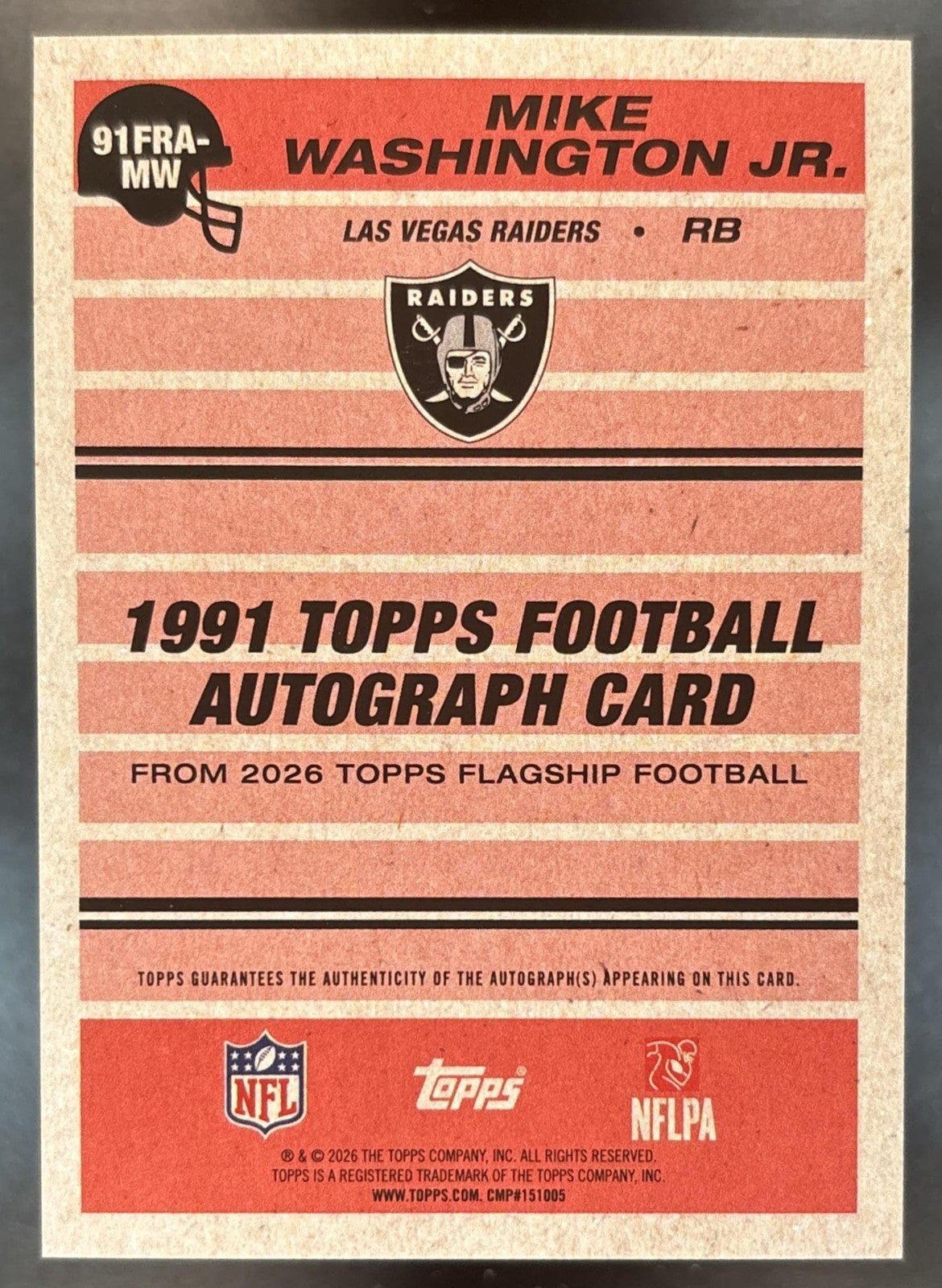 2026 Topps Mike Washington Jr. 1991 Rookie Auto #91FRA-MW RC Las Vegas Raiders