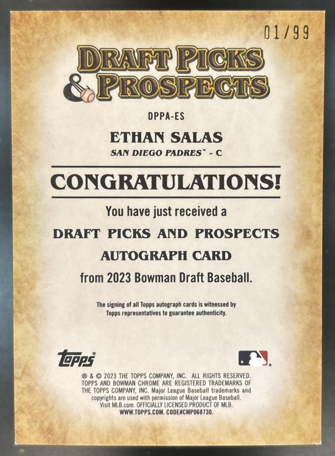 2023 Bowman Draft Ethan Salas Picks & Prospects Auto 1/99 RC San Diego Padres