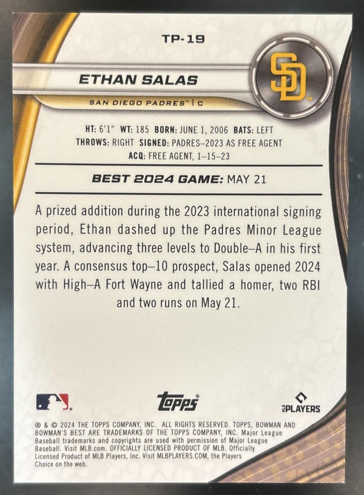 2024 Bowman's Best Ethan Salas Prospects Orange /25 #TP-19 San Diego Padres