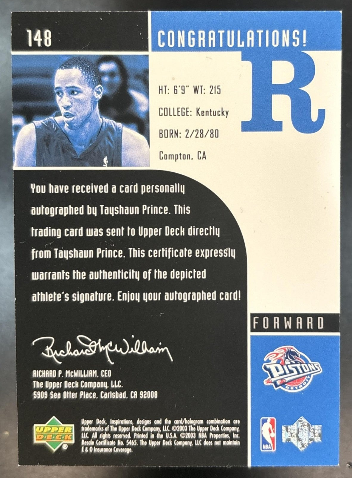2002-03 Upper Deck Inspirations Tayshaun Prince Antoine Walker Auto /1600 RC