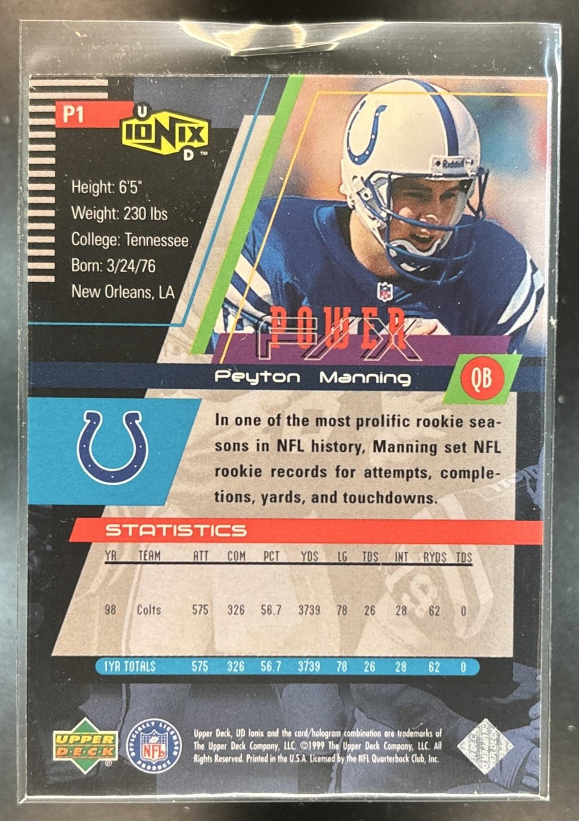 1999 Upper Deck Ionix Peyton Manning Power F/X Indianapolis Colts