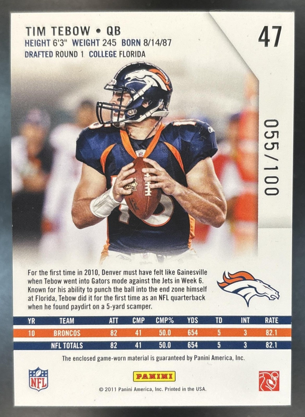 2011 Panini Rookies & Stars Longevity Tim Tebow Materials Sapphire /100 Broncos