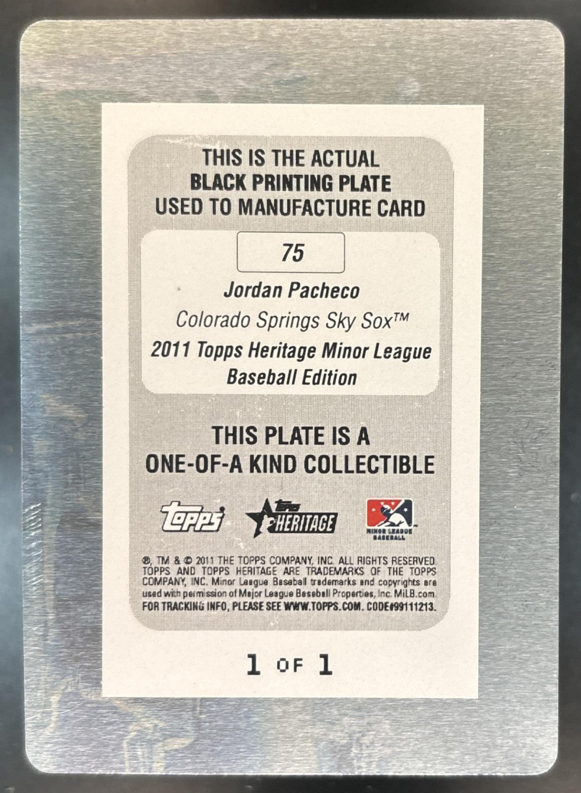 2011 Topps Heritage Minor League Jordan Pacheco Printing Plates Black 1/1 #75