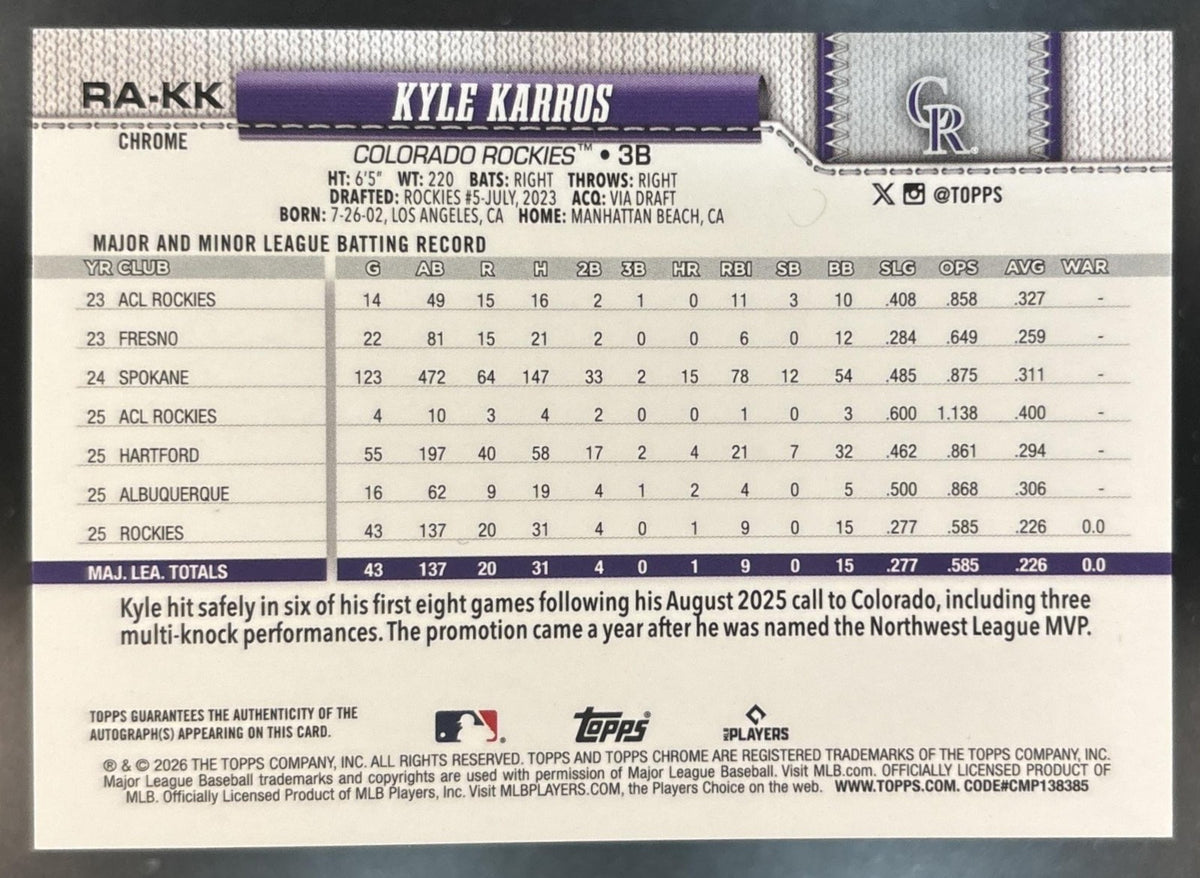 2026 Topps Chrome Kyle Karros Rookie Auto #RA-KK RC Colorado Rockies