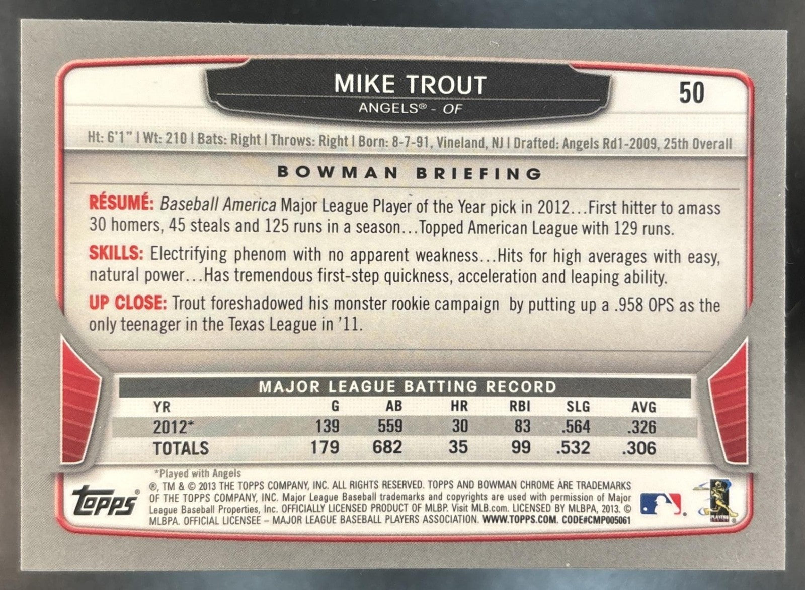 2013 Bowman Chrome Mike Trout #50 Los Angeles Angels
