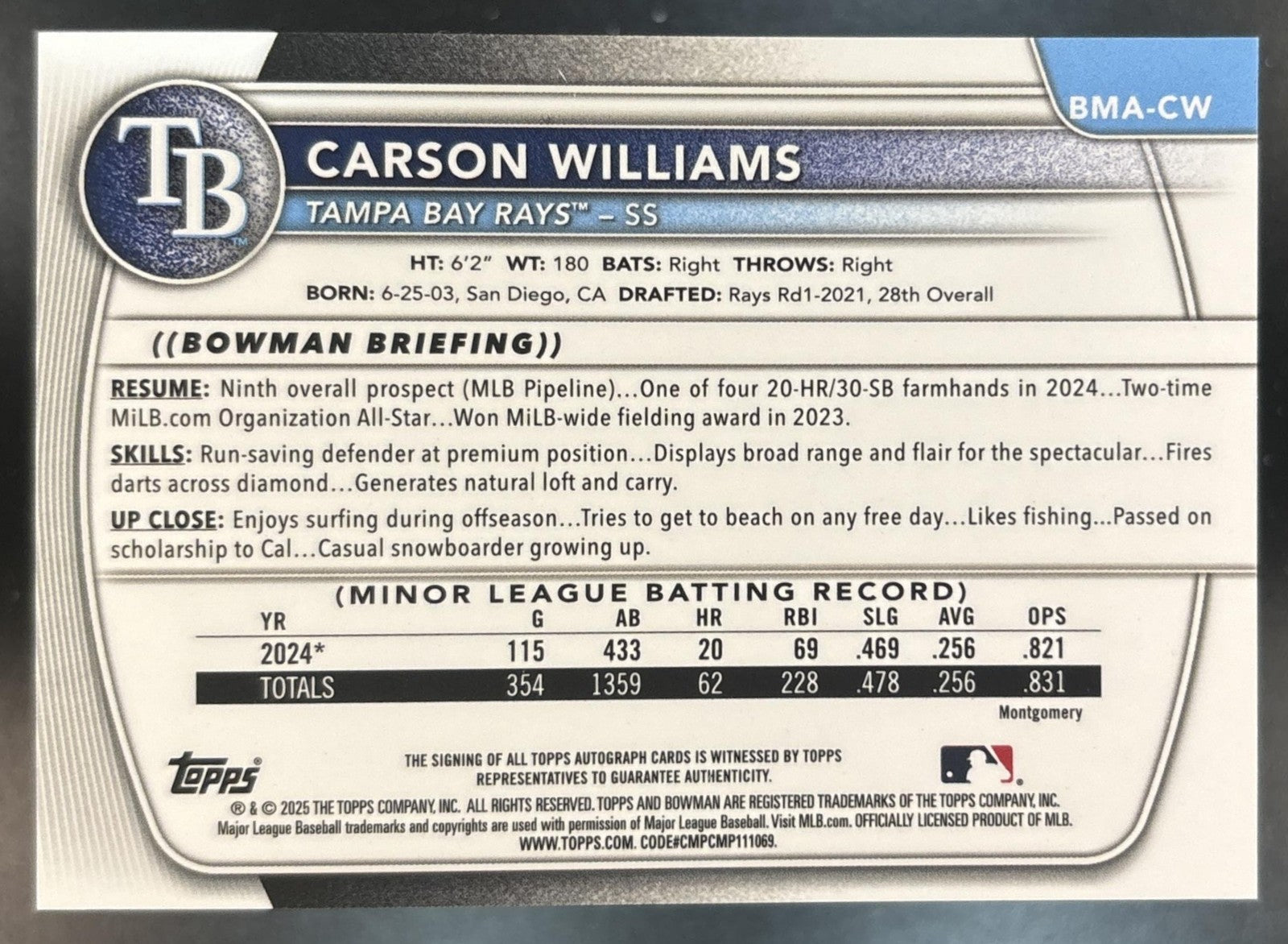 2025 Bowman Chrome Mega Box Carson Williams Prospect Auto Green Mojo /99 Rays
