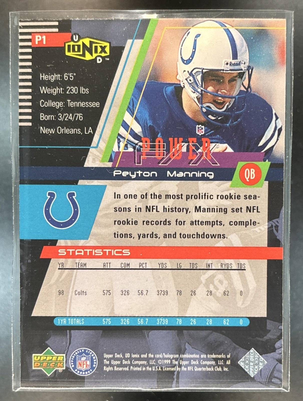 1999 Upper Deck Ionix Peyton Manning Power F/X #P1 Indianapolis Colts