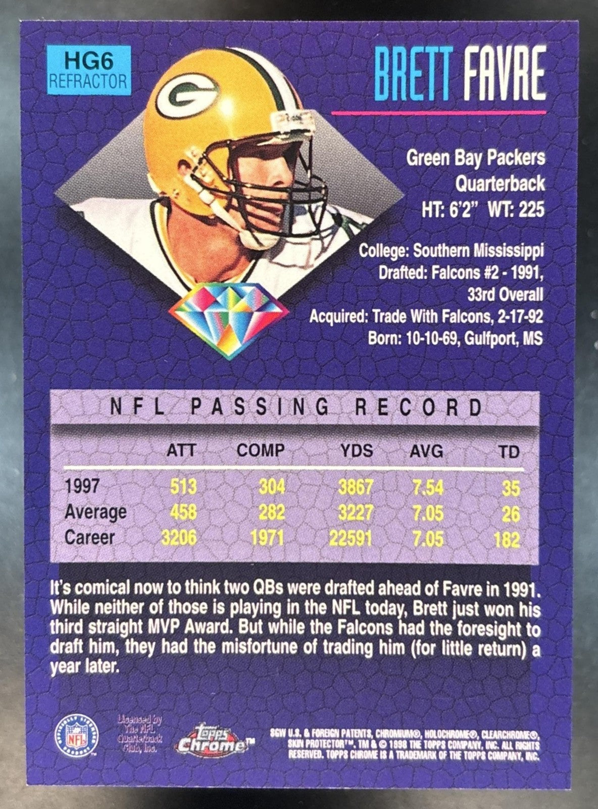 1998 Topps Chrome Brett Favre Hidden Gems Refractor #HG6 Green Bay Packers