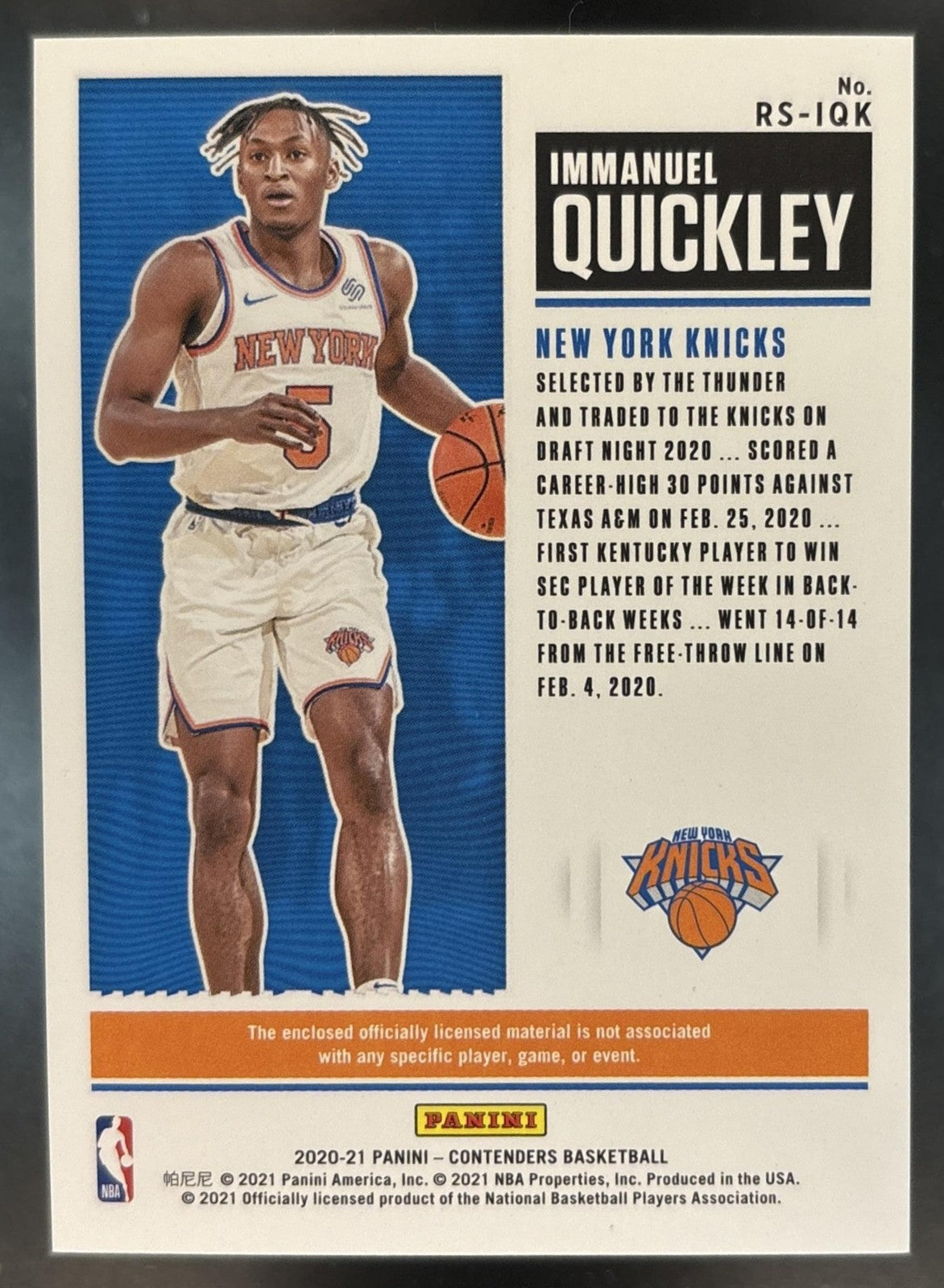 2020-21 Panini Contenders Immanuel Quickley Rookie Ticket Swatches MEM RC Knicks