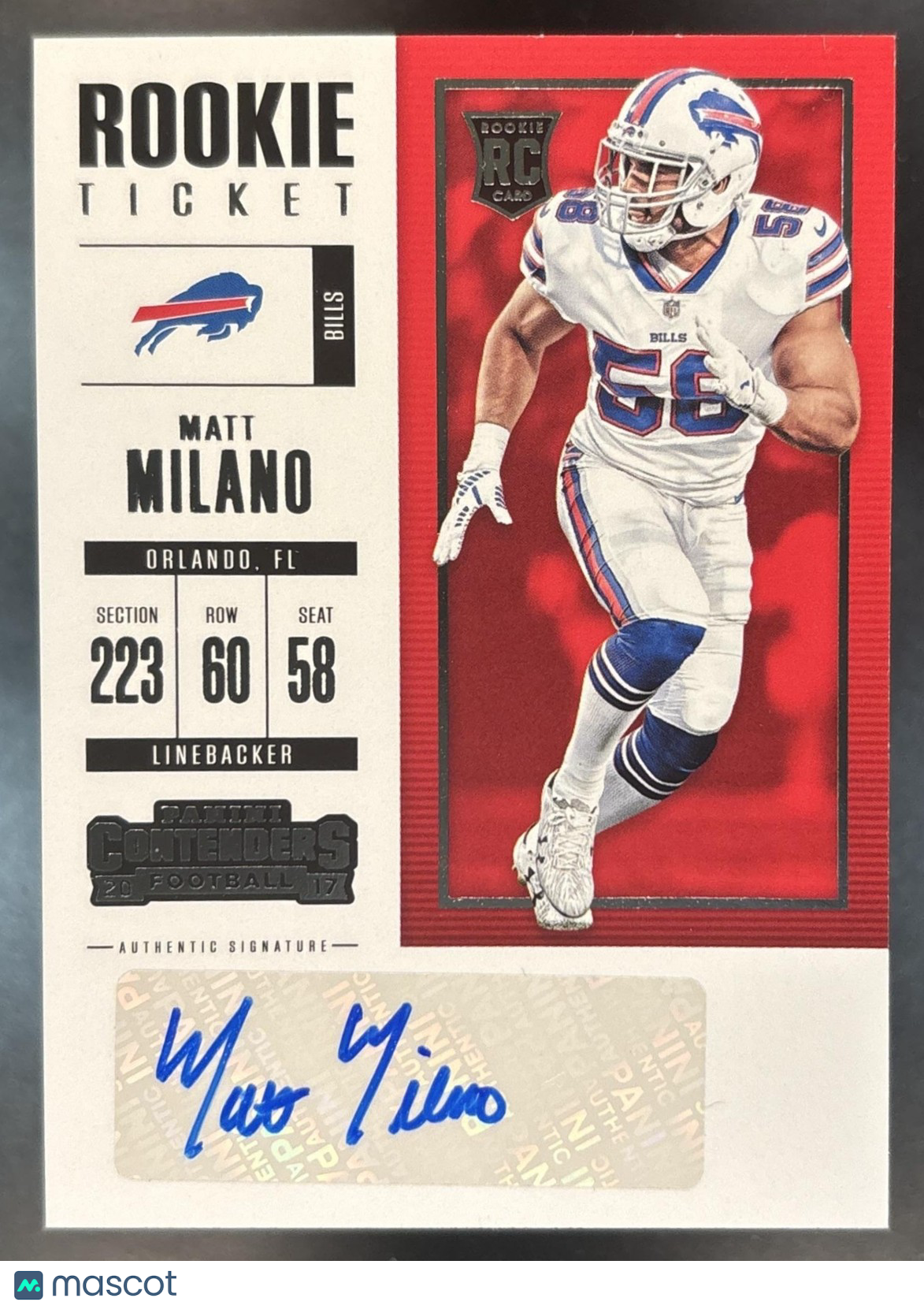 2017 Panini Contenders Matt Milano #225 RC Rookie Ticket Auto Buffalo Bills