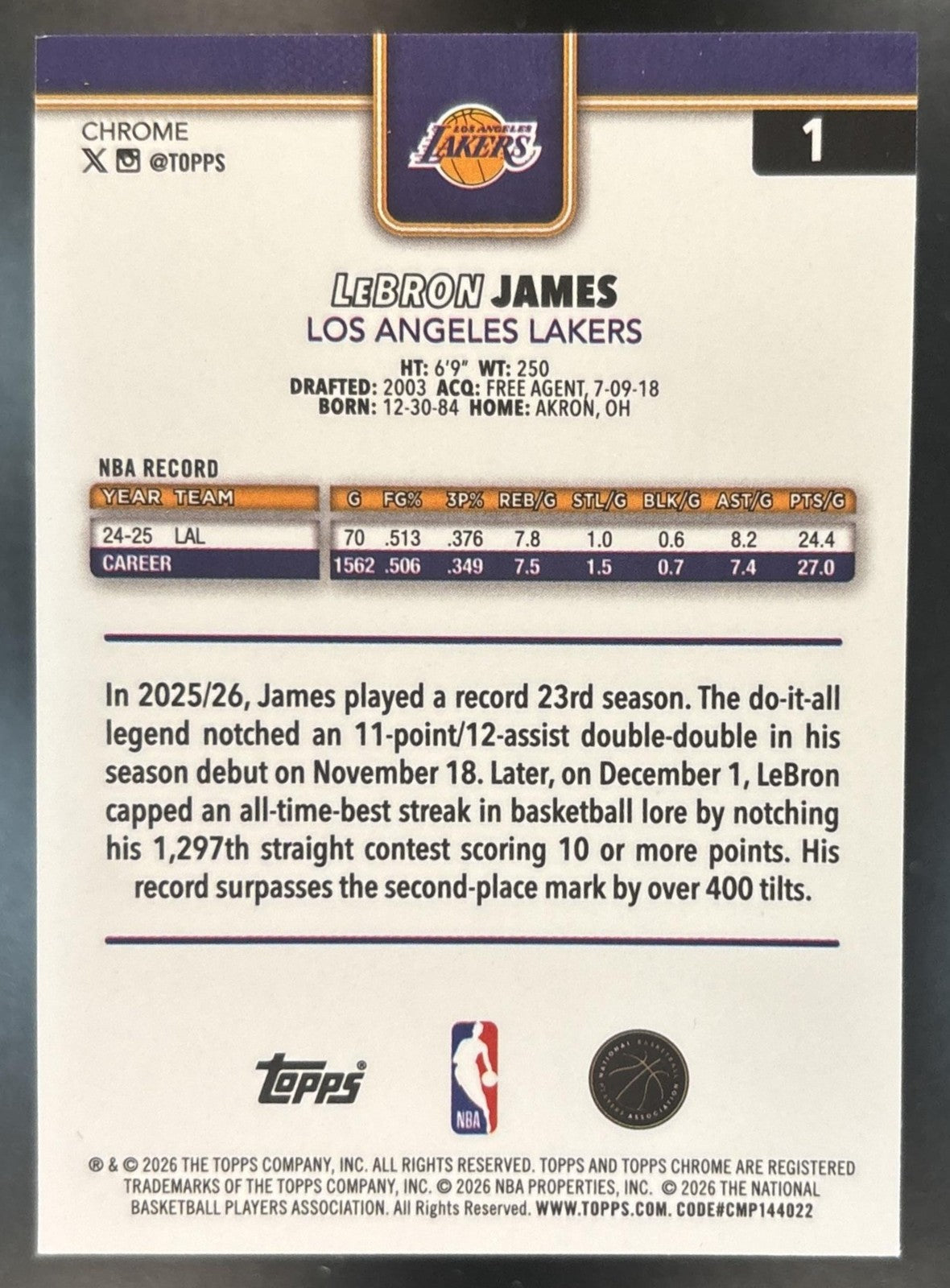 2025-26 Topps Chrome Update LeBron James Refractor #1 Los Angeles Lakers