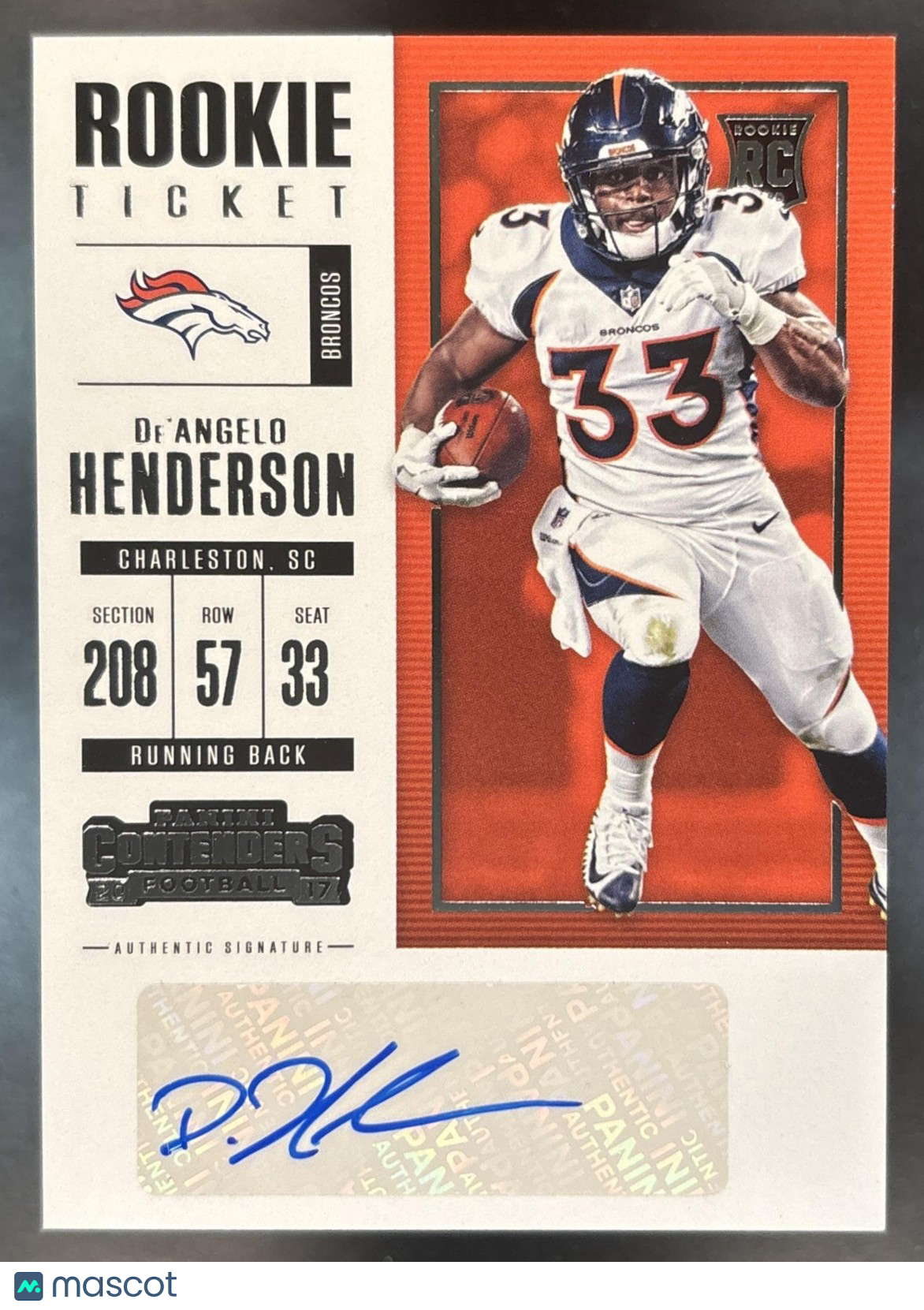 2017 Panini Contenders De Angelo Henderson #230 RC Rookie Ticket Auto Broncos