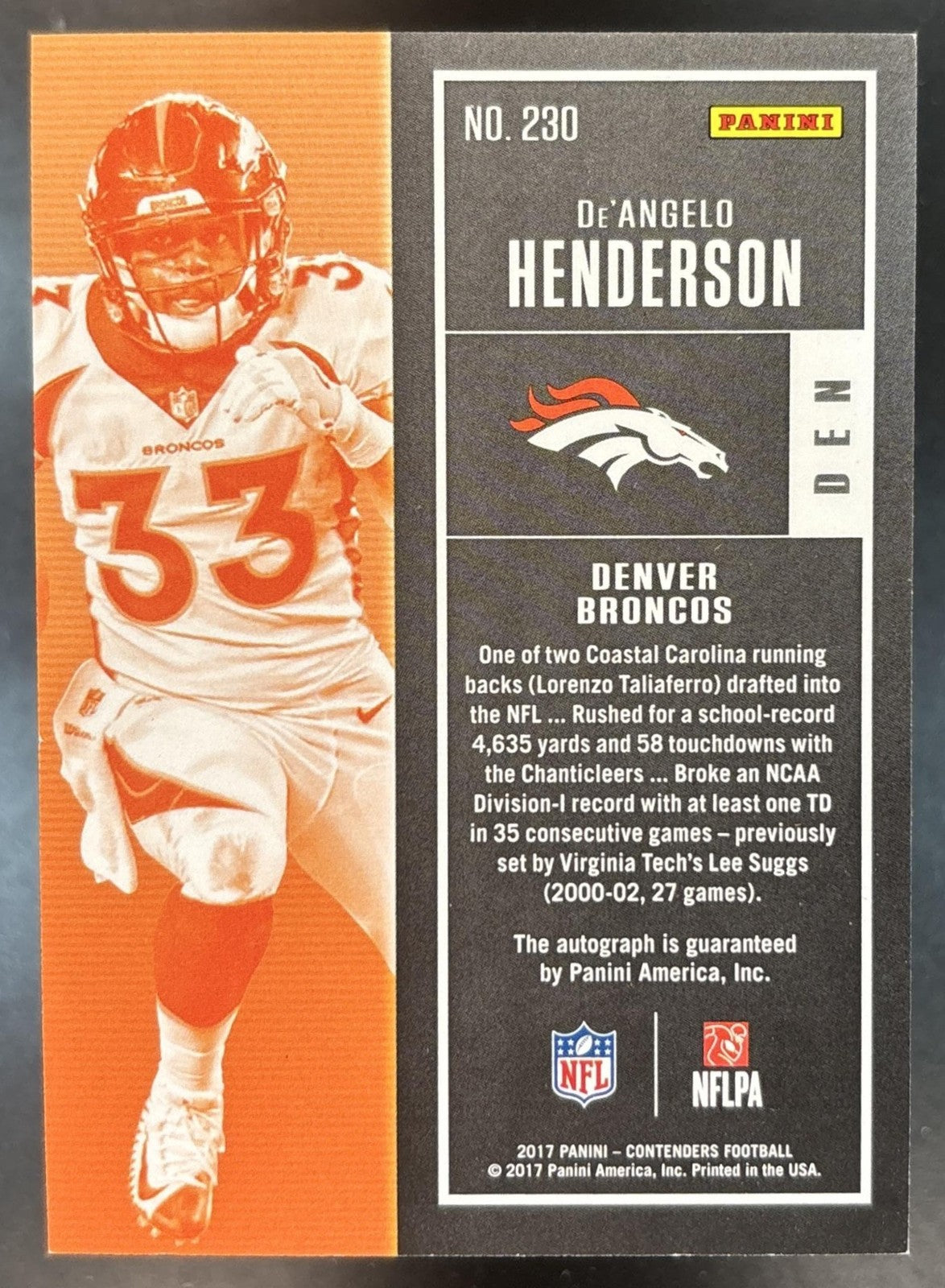 2017 Panini Contenders De Angelo Henderson #230 RC Rookie Ticket Auto Broncos