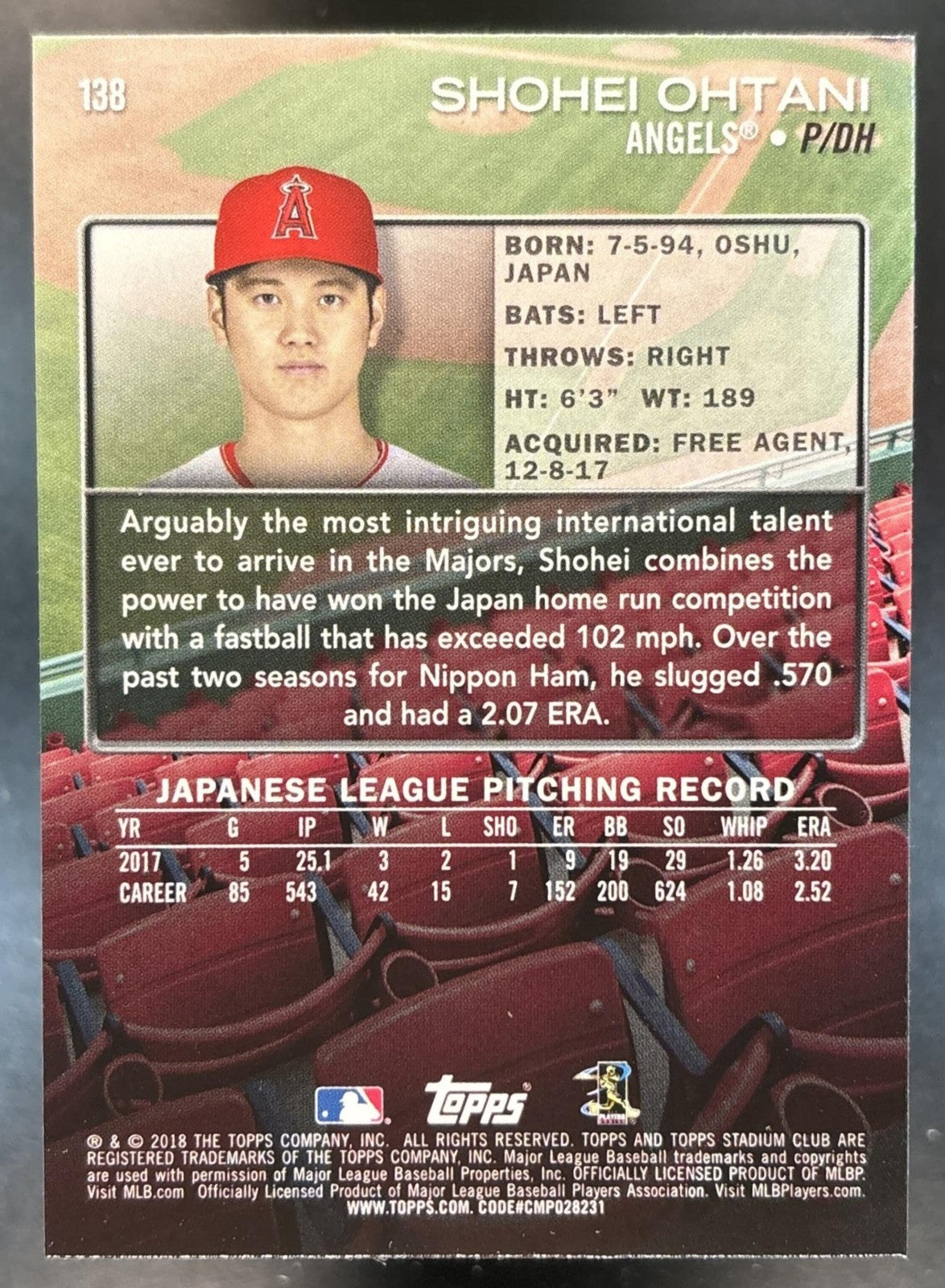 2018 Topps Stadium Club Shohei Ohtani #138a RC Los Angeles Angels