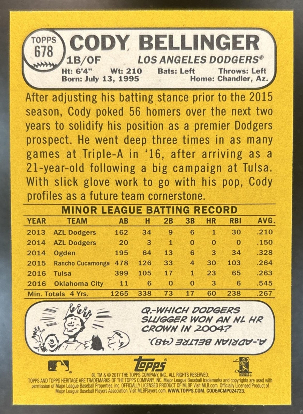 2017 Topps Heritage Cody Bellinger #678 RC Los Angeles Dodgers