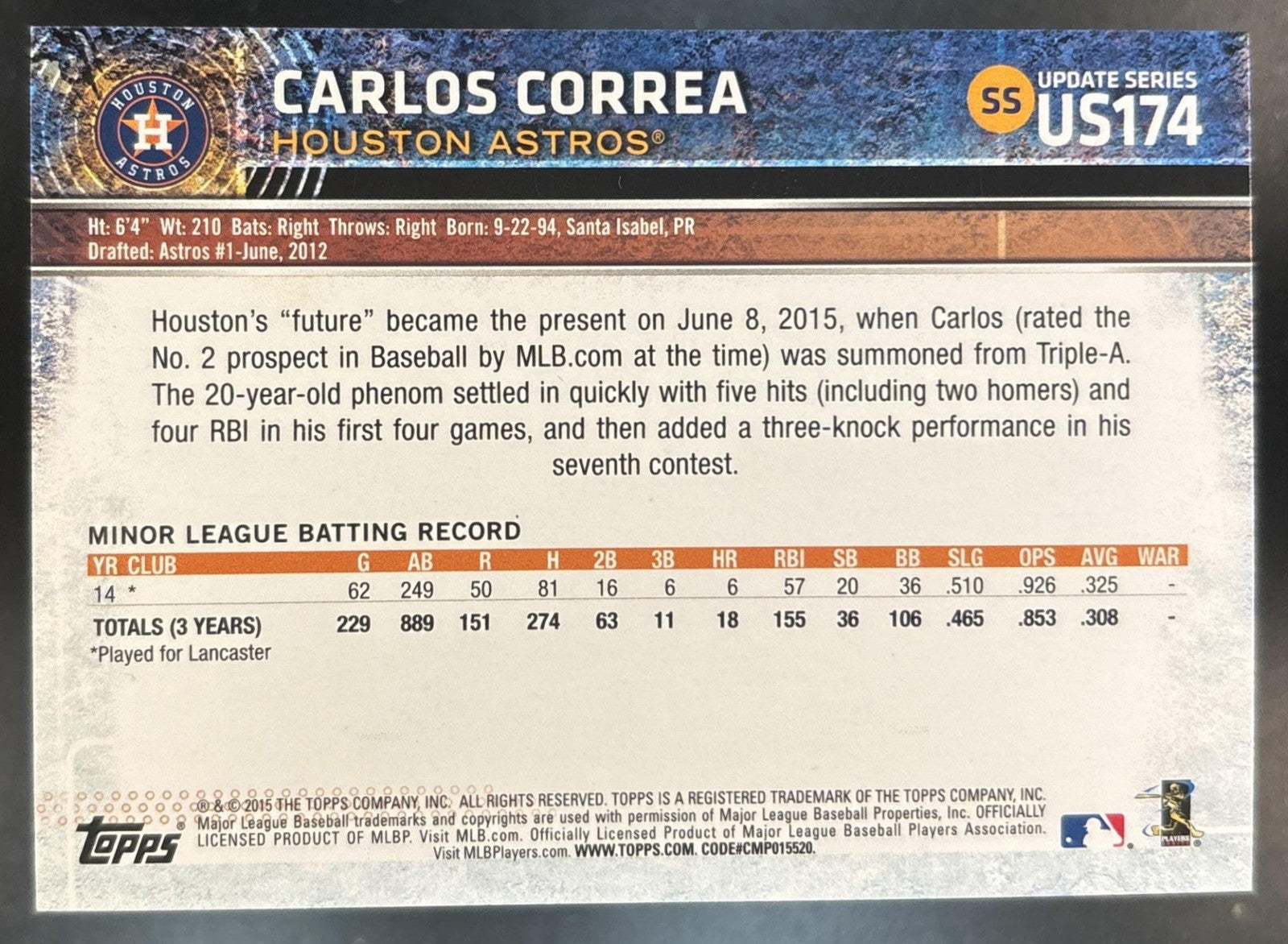 2015 Topps Update Carlos Correa #US174 RC Astros