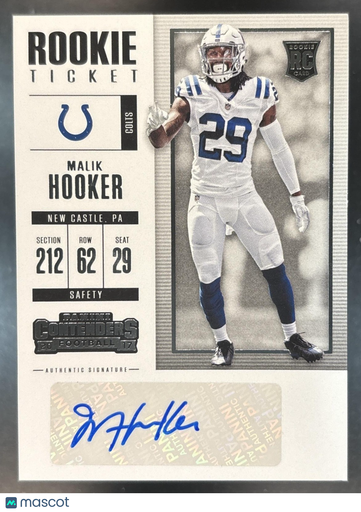 2017 Panini Contenders Malik Hooker #120 RC Rookie Ticket Auto Colts