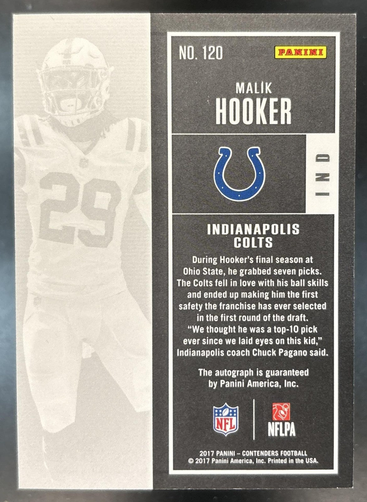 2017 Panini Contenders Malik Hooker #120 RC Rookie Ticket Auto Colts