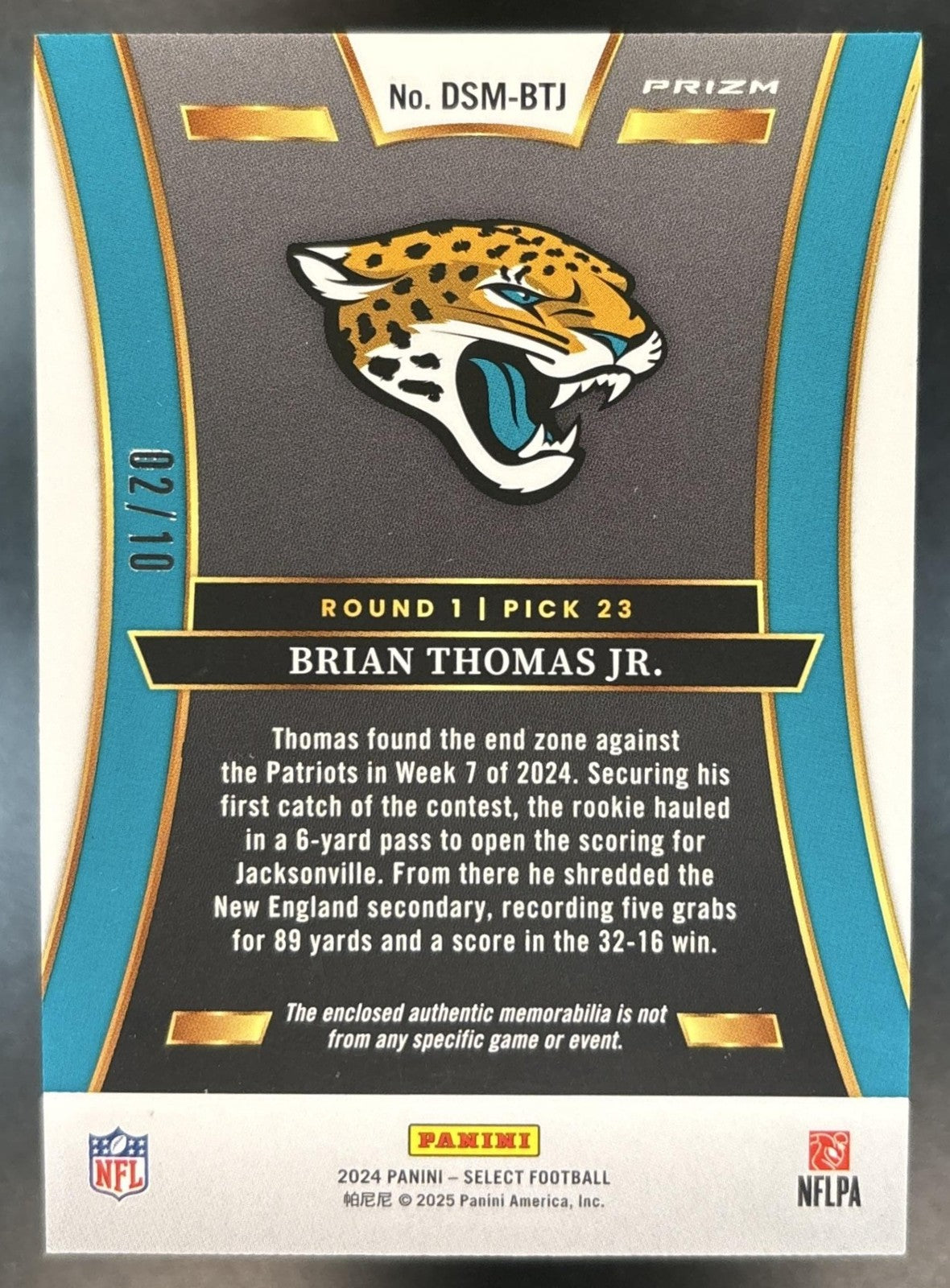 2024 Select Brian Thomas Jr. Draft Selections Memorabilia Gold /10 RC Jaguars