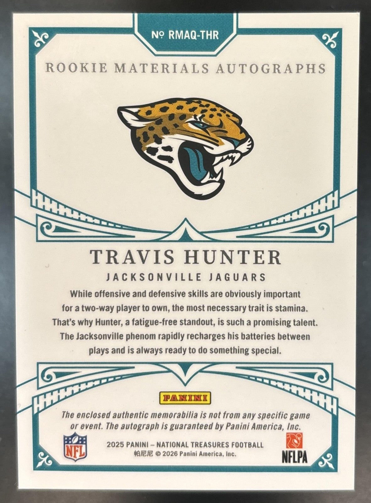 2025 National Treasures Travis Hunter Rookie Materials Auto Quad /25 Jaguars
