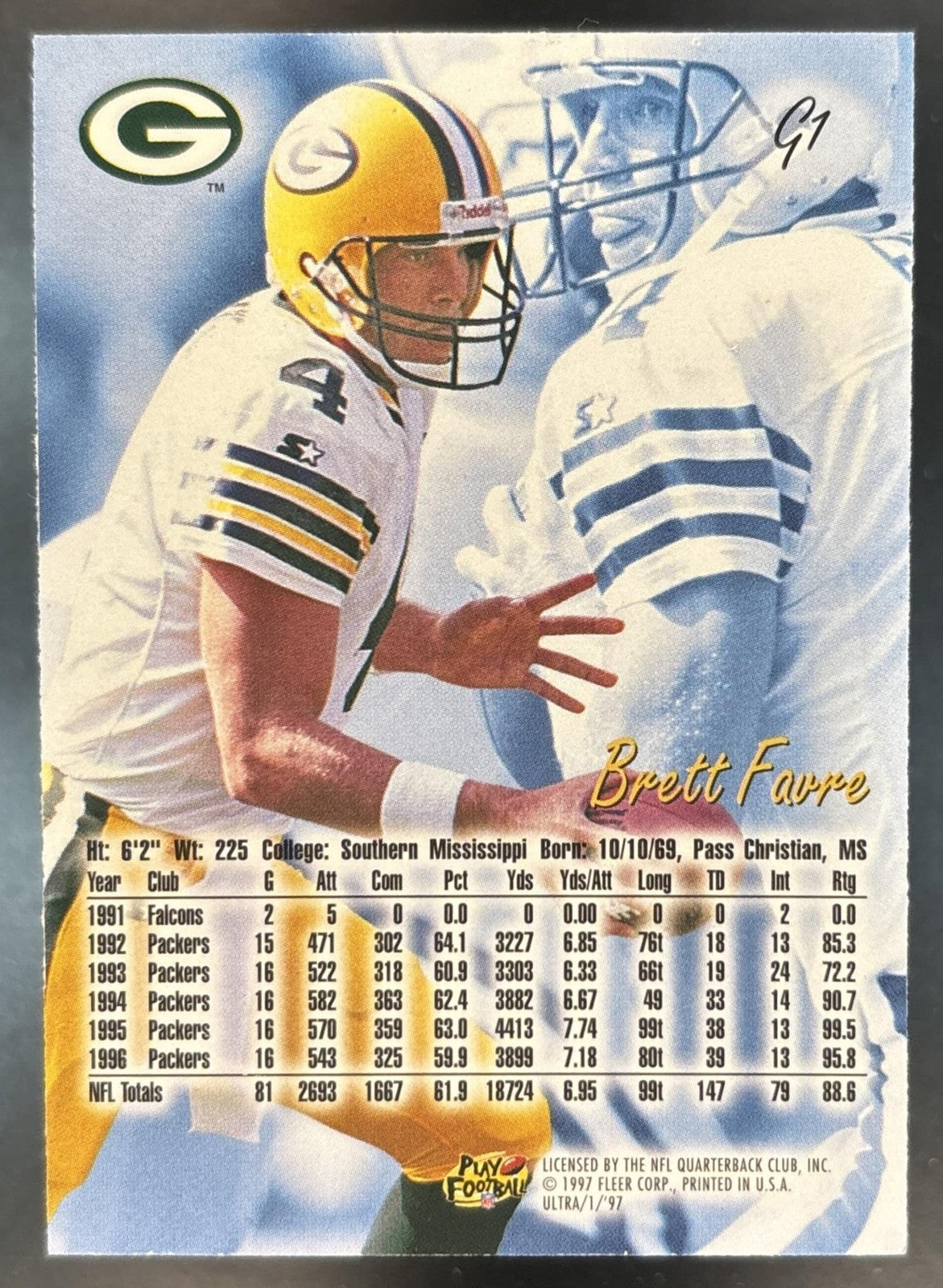 1997 Fleer Ultra Brett Favre Gold Medallion #G1 Green Bay Packers