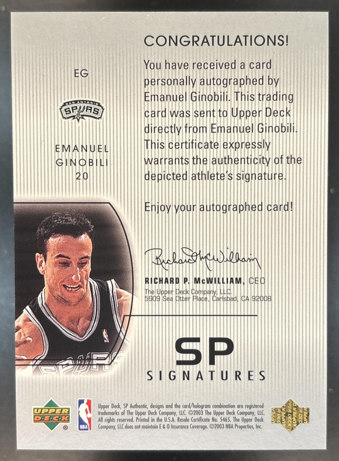 2002-03 SP Authentic Emanuel Ginobili Signatures #EG RC Auto San Antonio Spurs