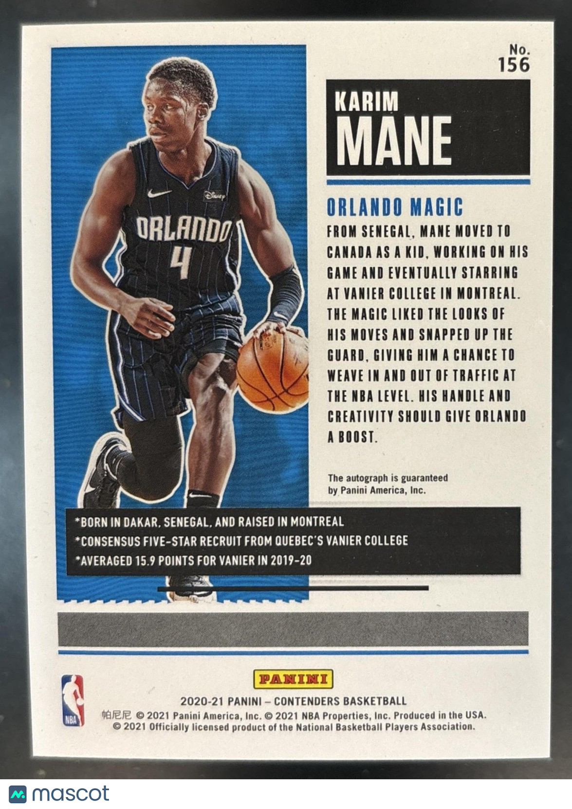 2020-21 Panini Contenders Karim Mane #156 RC Rookie Ticket Auto Orlando Magic