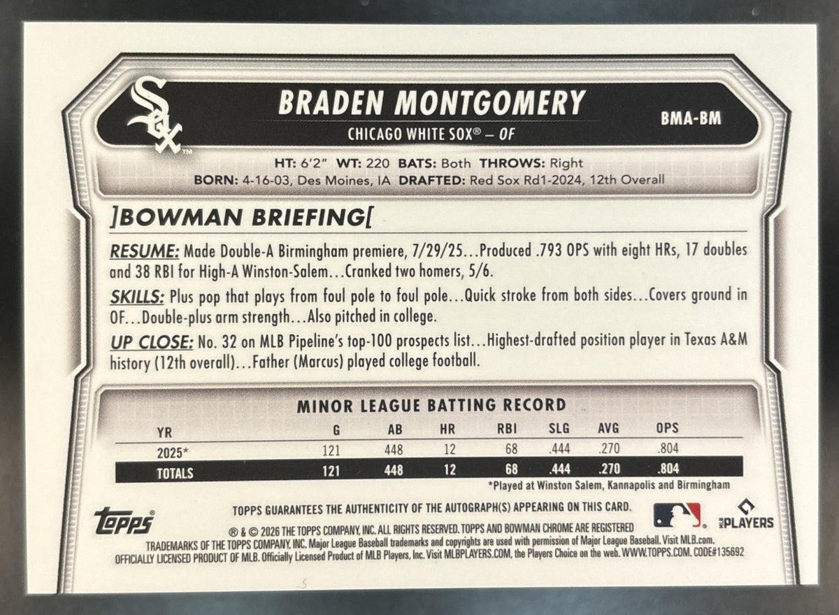 2026 Bowman Mega Box Braden Montgomery Chrome Prospect Auto Mojo White Sox