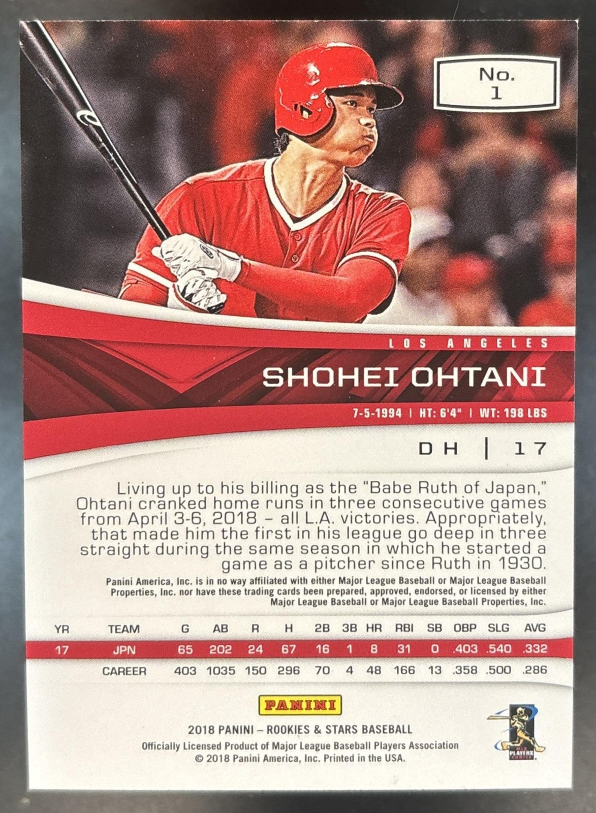 2018 Panini Chronicles Shohei Ohtani Rookies and Stars #1 RC Los Angeles Angels