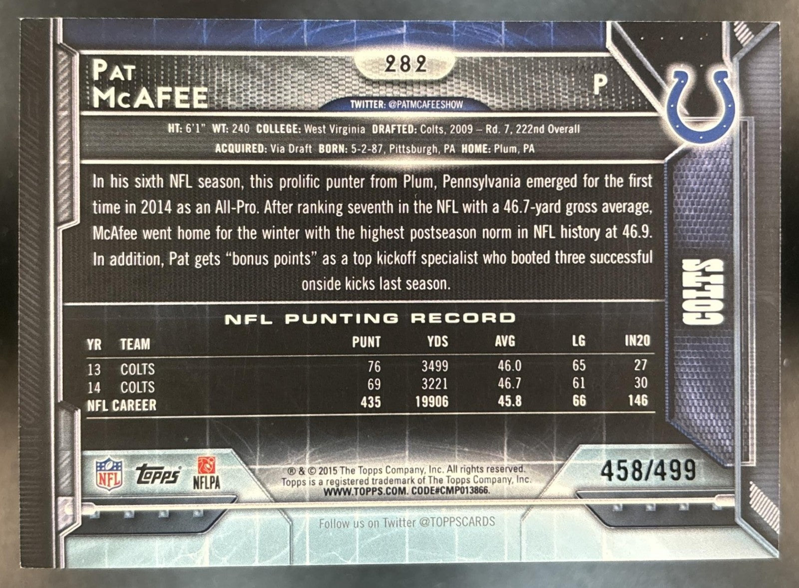 2015 Topps Pat McAfee Pink /499 #282 RC Indianapolis Colts
