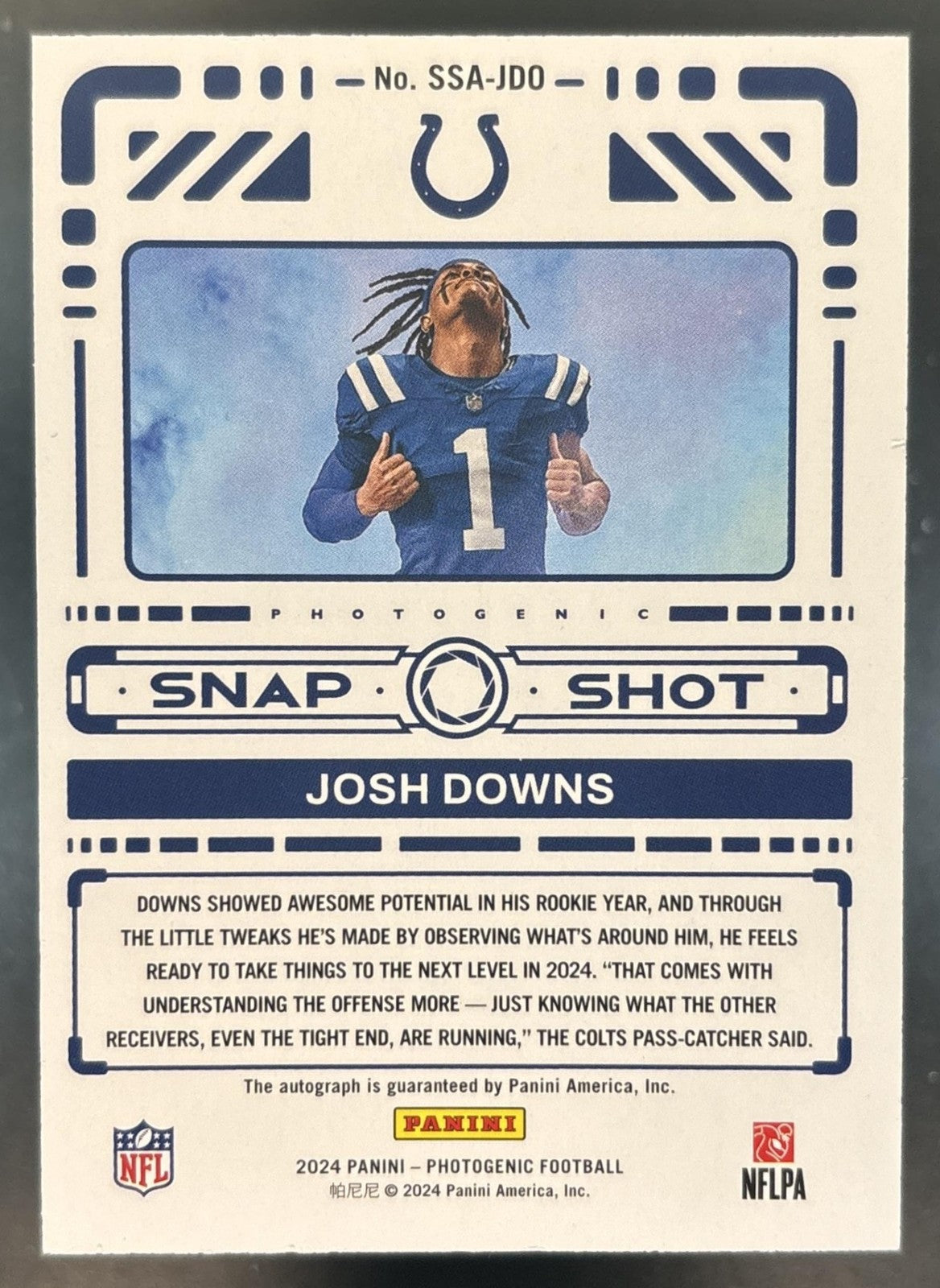 2024 Panini Photogenic Josh Downs Snapshots Auto Black 1/1 Indianapolis Colts