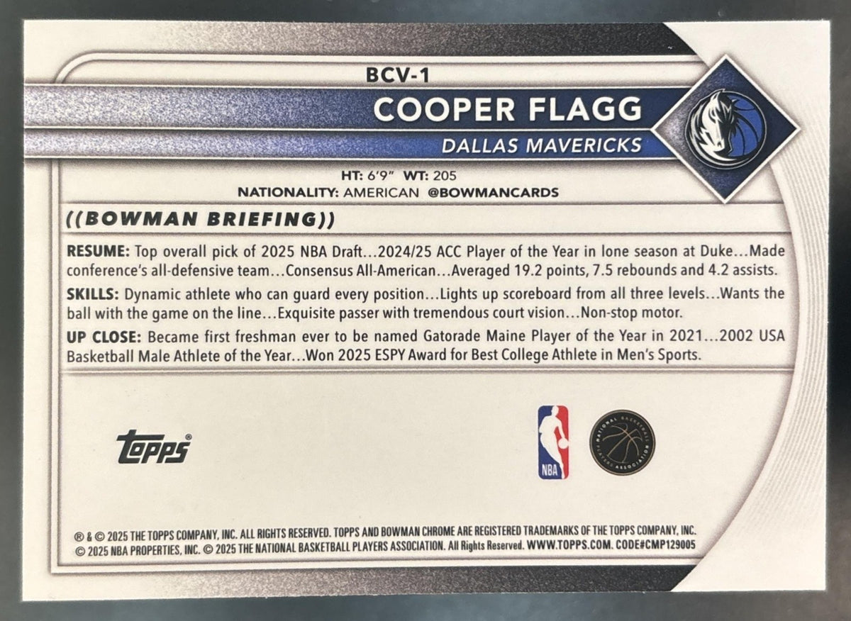 2025-26 Bowman Cooper Flagg Chrome Pink Mojo /199 #BCV-1 RC Dallas Mavericks