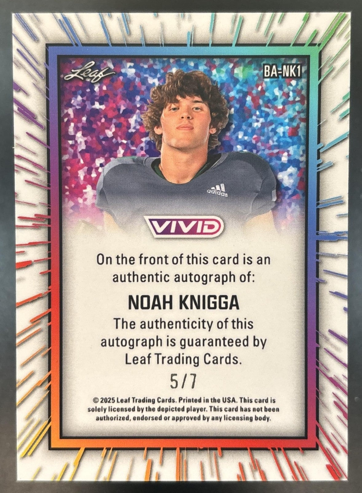 2025 Leaf Vivid Noah Knigga Auto Prismatic Purple /7 #BA-NK1